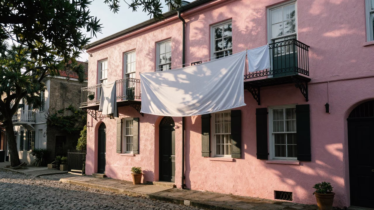 Charleston South Carolina Historic District Cobblestone Street with Laundry and Architecture in in Charleston, South Carolina, United States