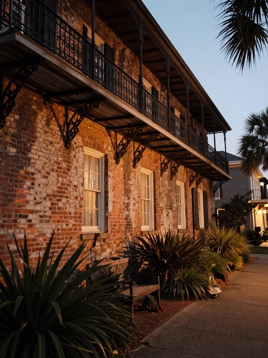 Charleston South Carolina Historic District Evening Light with Garden Details in in Charleston, South Carolina, United States