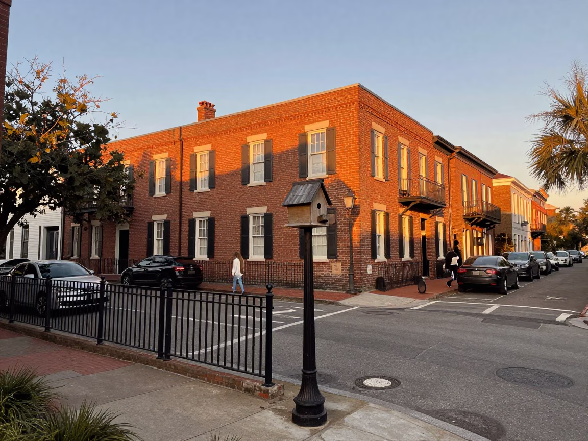 Charleston South Carolina Historic District Evening Street Scene with Brick Architecture and Garden Birdhouse in in Charleston, South Carolina, United States