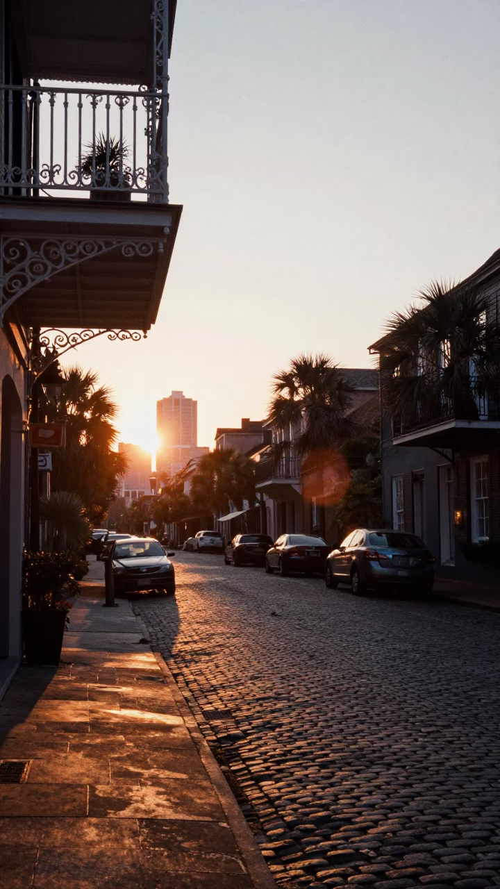 Charleston South Carolina Historic District Street Scene at Sunset with Cobblestones and Architecture in in Charleston, South Carolina, United States