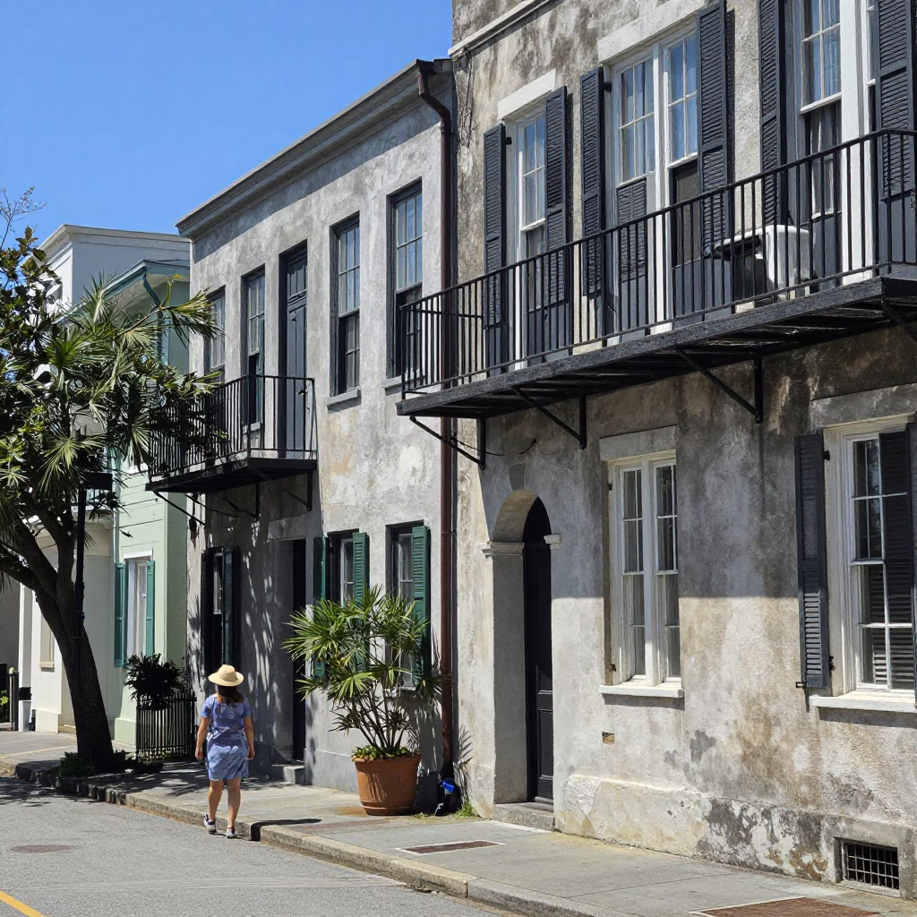 Charleston South Carolina Historic District Street Scene Under Flat Noon Sunlight in in Charleston, South Carolina, United States
