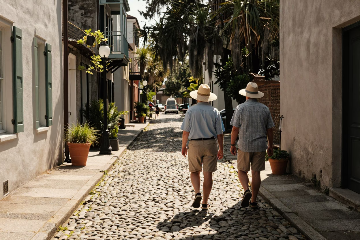 Charleston South Carolina Historic District Sun Hats and Cobblestone Street Early Afternoon in in Charleston, South Carolina, United States