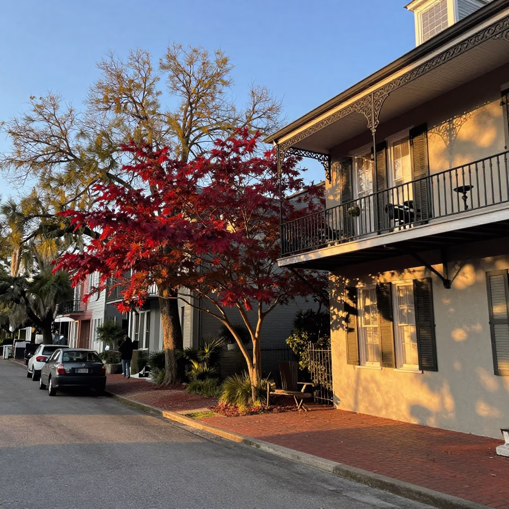 Charleston South Carolina Historic District Sunset Street Scene with Japanese Maple in in Charleston, South Carolina, United States