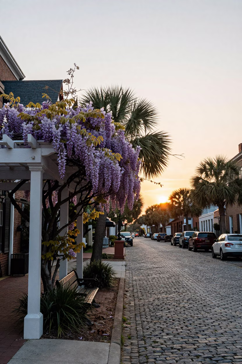 Charleston South Carolina Historic District Sunset Wisteria Pergola and Cobblestone Street Scene in in Charleston, South Carolina, United States
