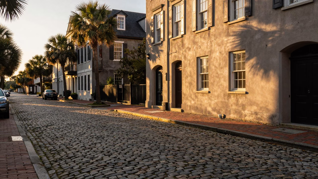 Charleston South Carolina Honeyed Evening Light Cobblestone Street and Historic Architecture in in Charleston, South Carolina, United States