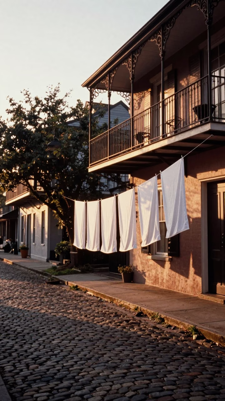 Charleston South Carolina Honeyed Evening Light Cobblestone Street Scene with Drying Towels in in Charleston, South Carolina, United States
