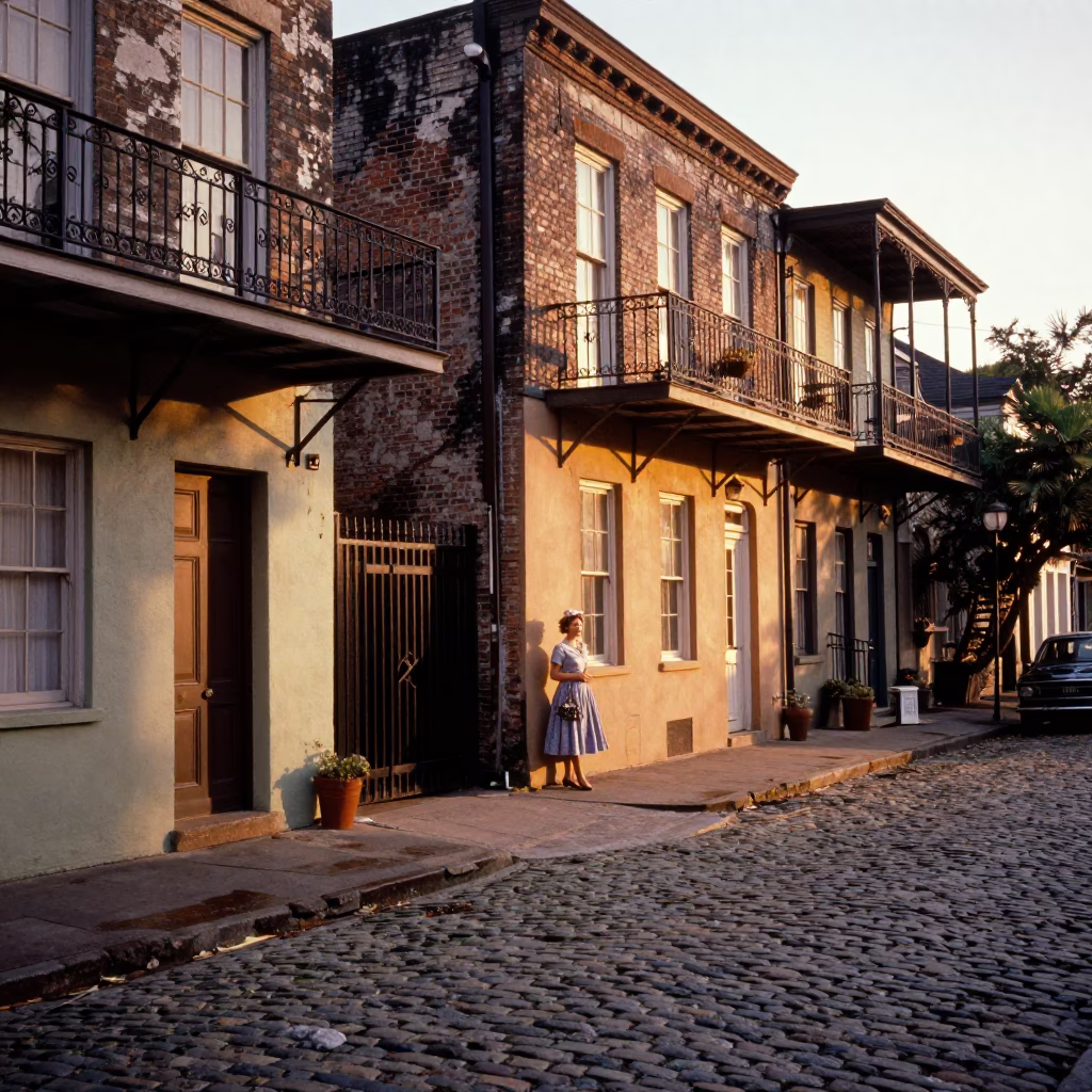 Charleston South Carolina Honeyed Evening Light Cobblestone Street Scene with Vintage Details in in Charleston, South Carolina, United States