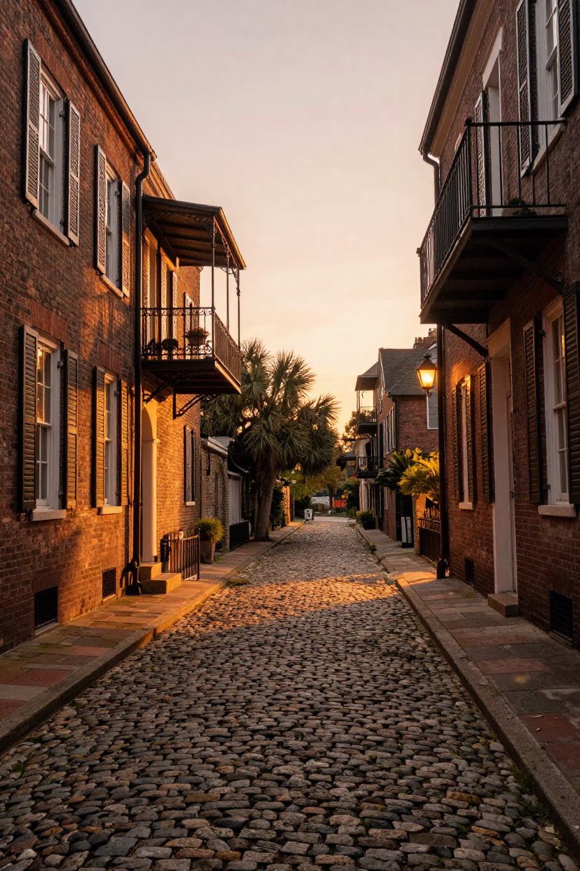 Charleston South Carolina Honeyed Evening Light Cobblestone Street Scene in in Charleston, South Carolina, United States