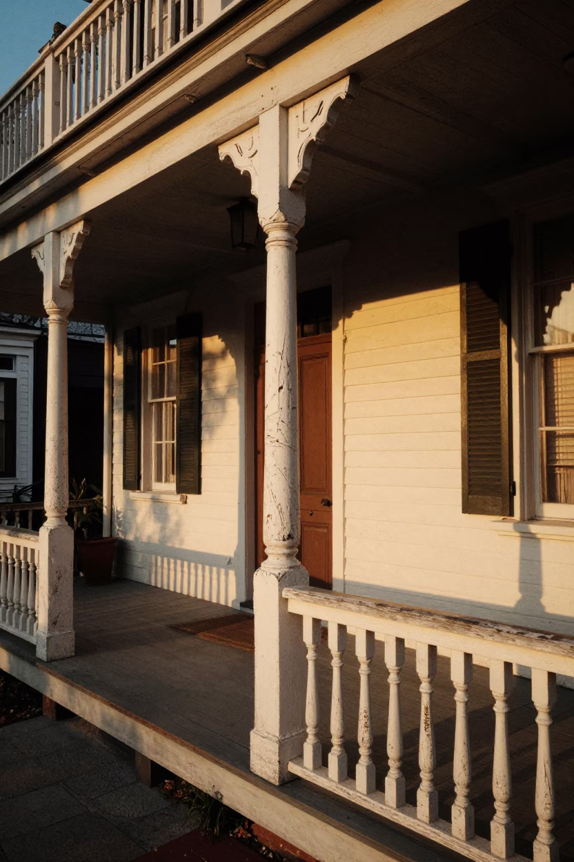 Charleston South Carolina Honeyed Evening Light Scuffed Painted Wood Porch Detail in in Charleston, South Carolina, United States