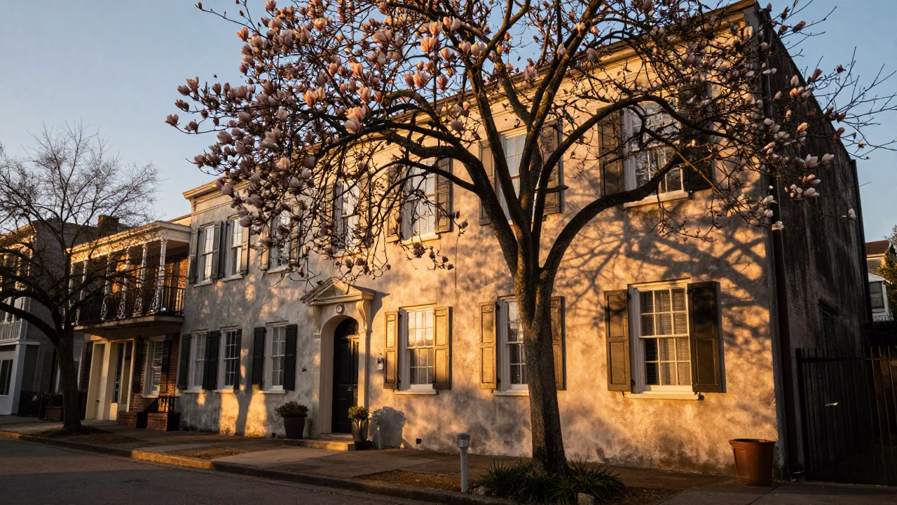 Charleston South Carolina Honeyed Evening Street Scene with Magnolia Bloom in in Charleston, South Carolina, United States