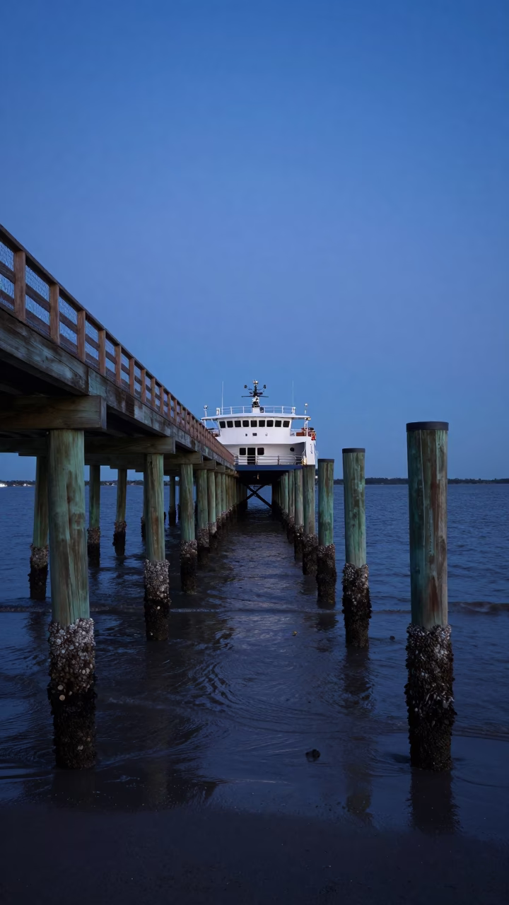Charleston South Carolina indigo twilight ferry ramp piling system low tide historic harbor scene in in Charleston, South Carolina, United States