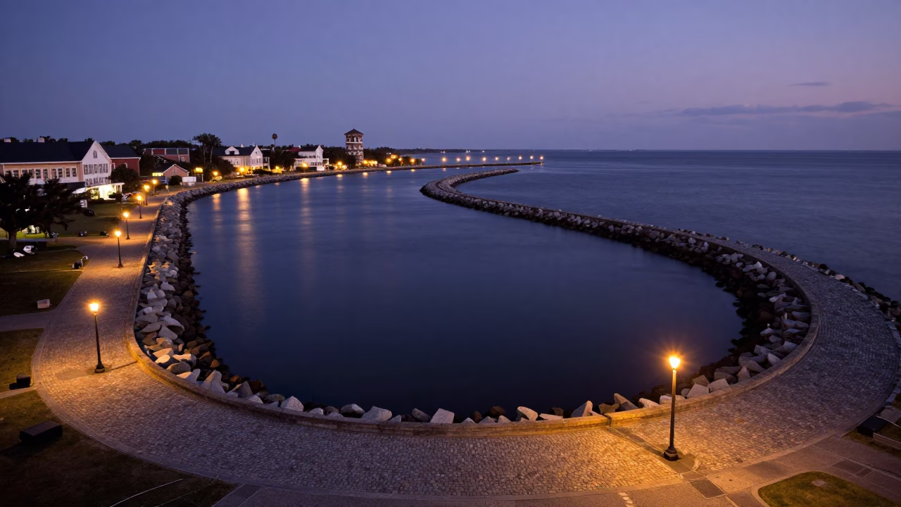 Charleston South Carolina indigo twilight harbor breakwater spiral view historic waterfront in in Charleston, South Carolina, United States