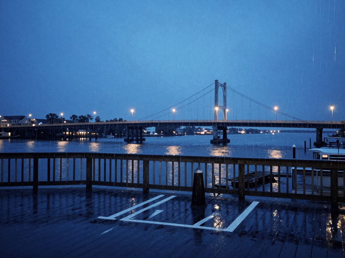 Charleston South Carolina indigo twilight harbor drizzle drawbridge deck markings shining in in Charleston, South Carolina, United States