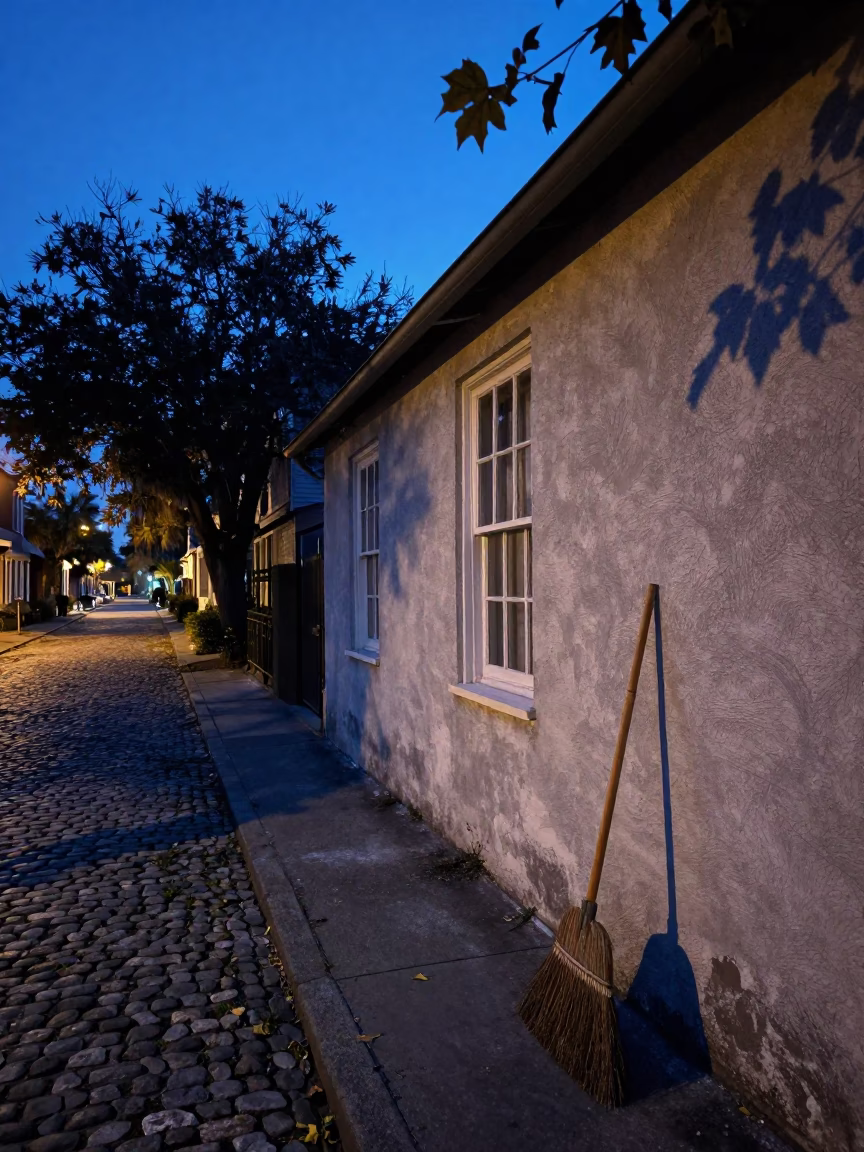 Charleston South Carolina Indigo Twilight Street Scene with Broom and Leaf Shadows in in Charleston, South Carolina, United States