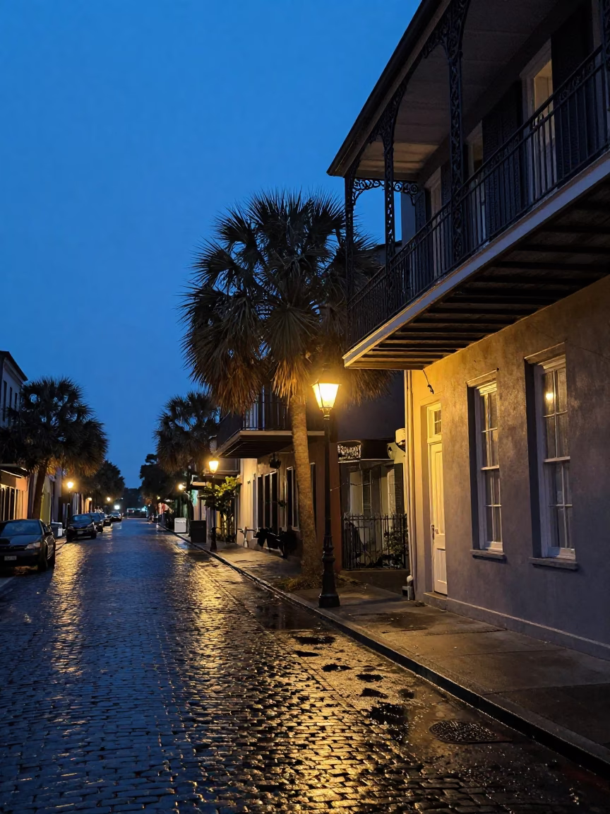 Charleston South Carolina indigo twilight street scene with historic architecture and local evening activity in in Charleston, South Carolina, United States