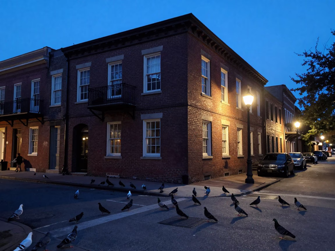 Charleston South Carolina indigo twilight street scene with pigeons and historic architecture in in Charleston, South Carolina, United States