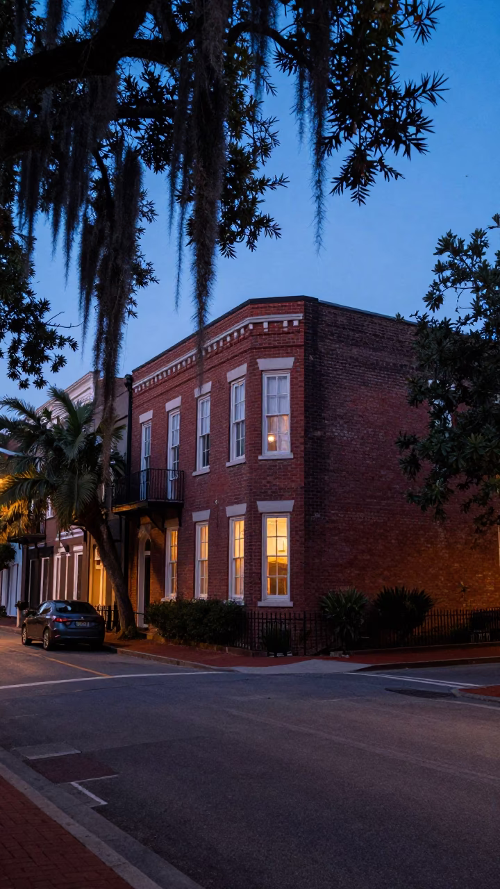 Charleston South Carolina indigo twilight street scene with Spanish moss and historic brick architecture in in Charleston, South Carolina, United States