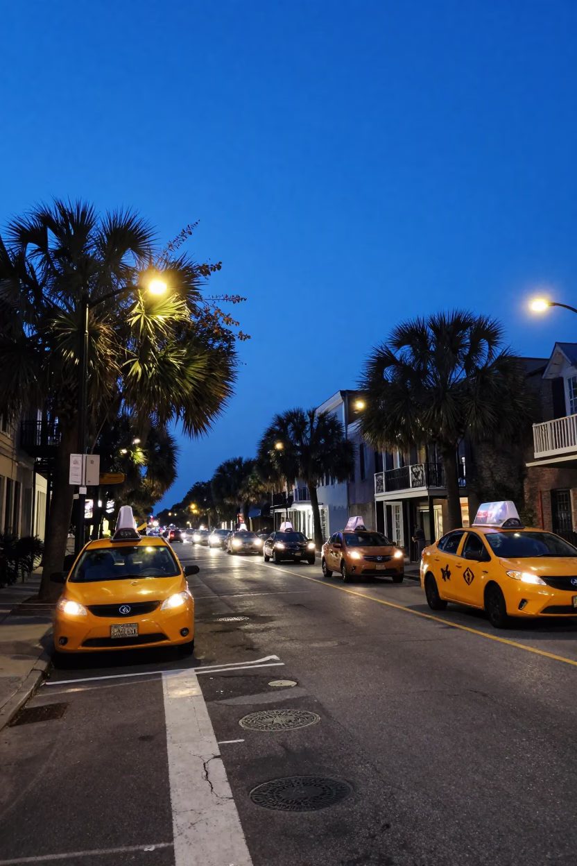Charleston South Carolina indigo twilight street scene with yellow taxis and historic architecture in in Charleston, South Carolina, United States