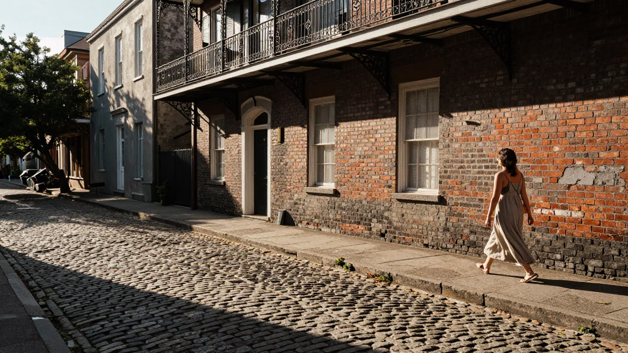 Charleston South Carolina Late Afternoon Street Scene with Cobblestones and Historic Architecture in in Charleston, South Carolina, United States