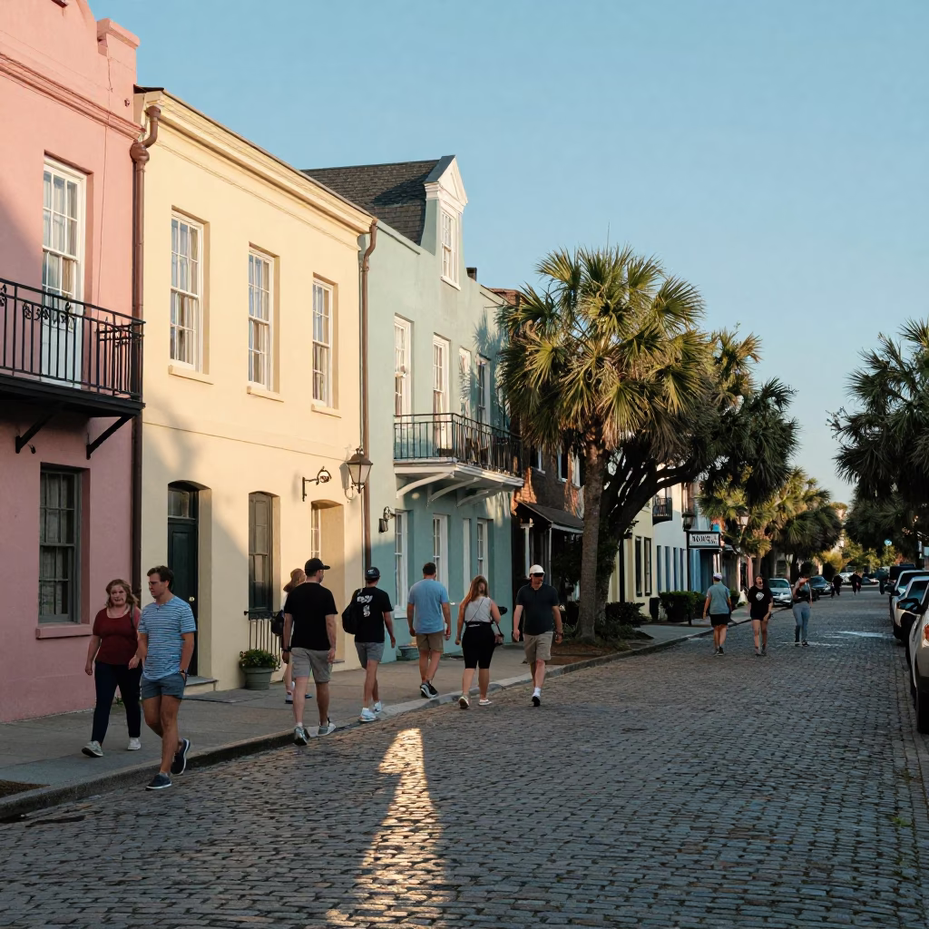 Charleston South Carolina Late Afternoon Street Scene With Historic Architecture And Local Activity in in Charleston, South Carolina, United States