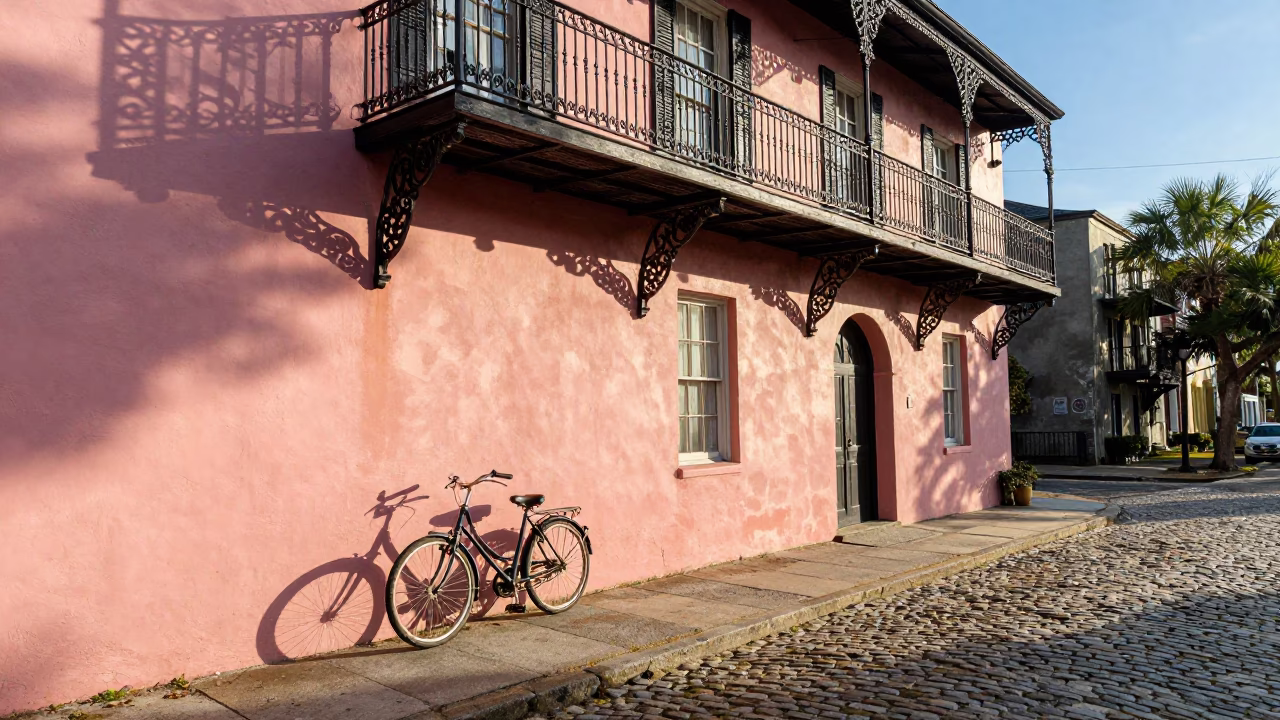 Charleston South Carolina late afternoon street scene with vintage bicycle and historic architecture in in Charleston, South Carolina, United States