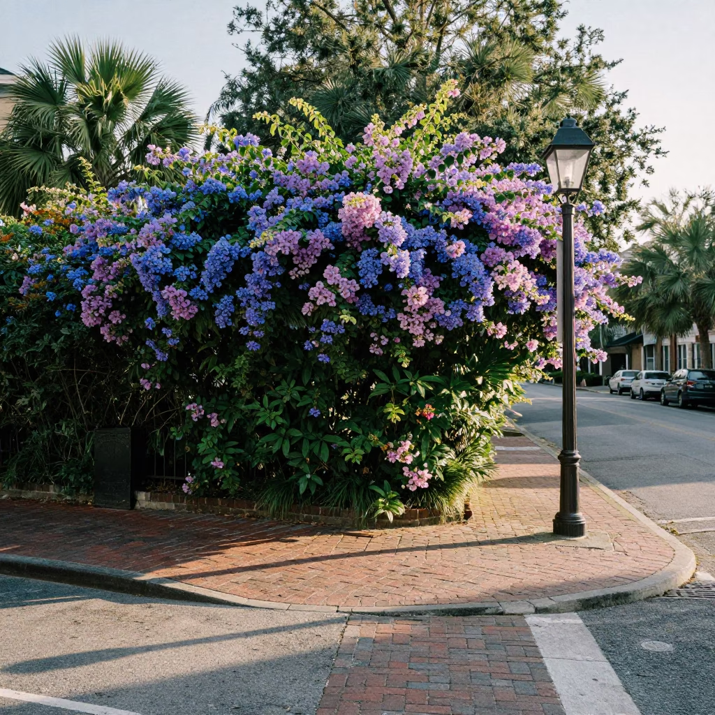 Charleston South Carolina Late Morning Plumbago Hedge and Historic Street Corner in in Charleston, South Carolina, United States