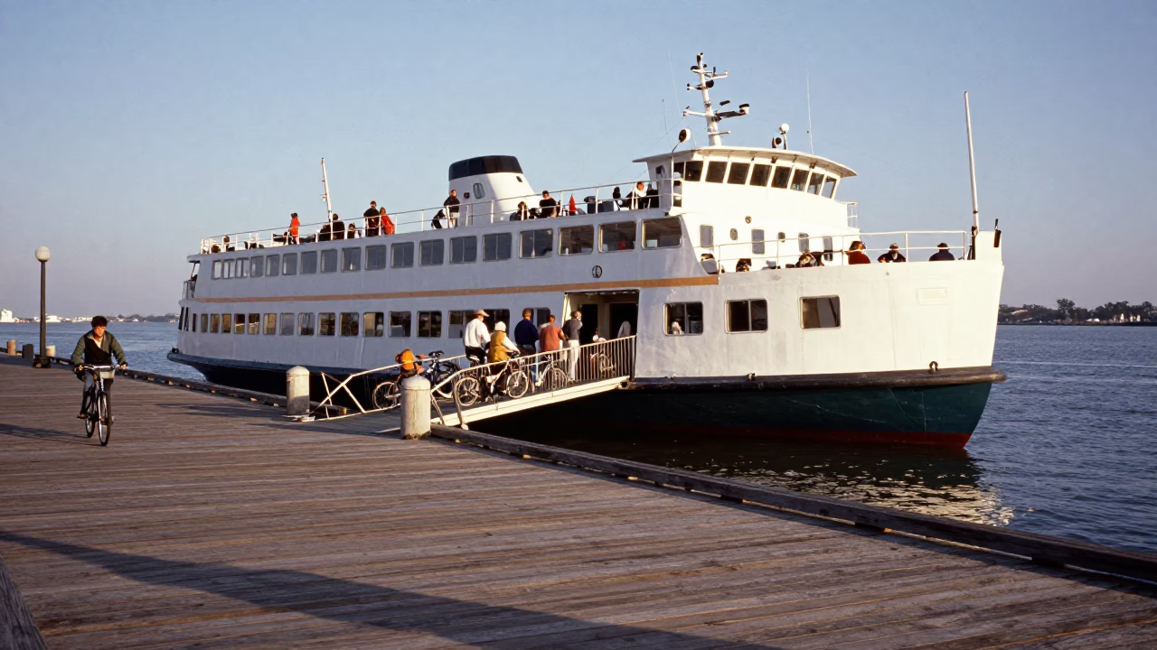 Charleston South Carolina Late Morning Waterfront Dock Scene with Ferry and Bicycles in in Charleston, South Carolina, United States