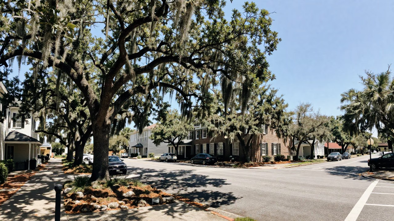 Charleston South Carolina Live Oak and Spanish Moss Under Flat Noon Sun in in Charleston, South Carolina, United States