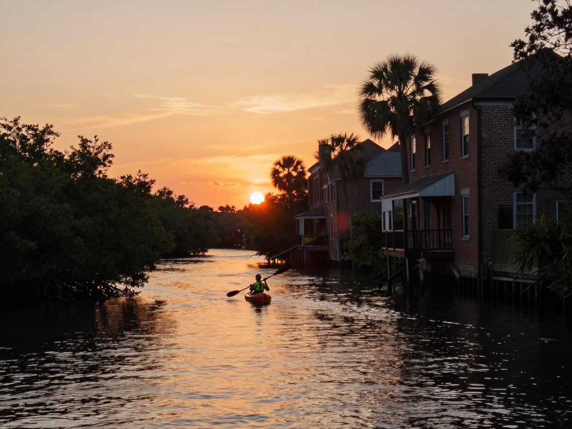 Charleston South Carolina Mangrove Kayak at Sunset with Historic Brick Architecture in in Charleston, South Carolina, United States