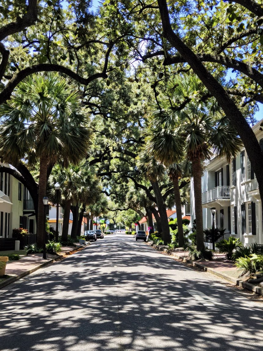 Charleston South Carolina Midday Palm Tree Avenue and Historic Window Boxes in in Charleston, South Carolina, United States