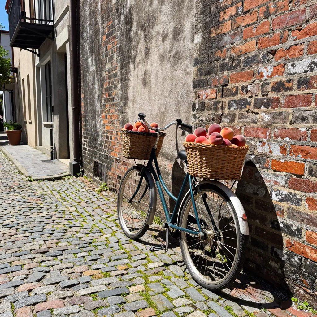 Charleston South Carolina Midday Street Scene with Vintage Bicycle and Peaches on Cobblestone in in Charleston, South Carolina, United States