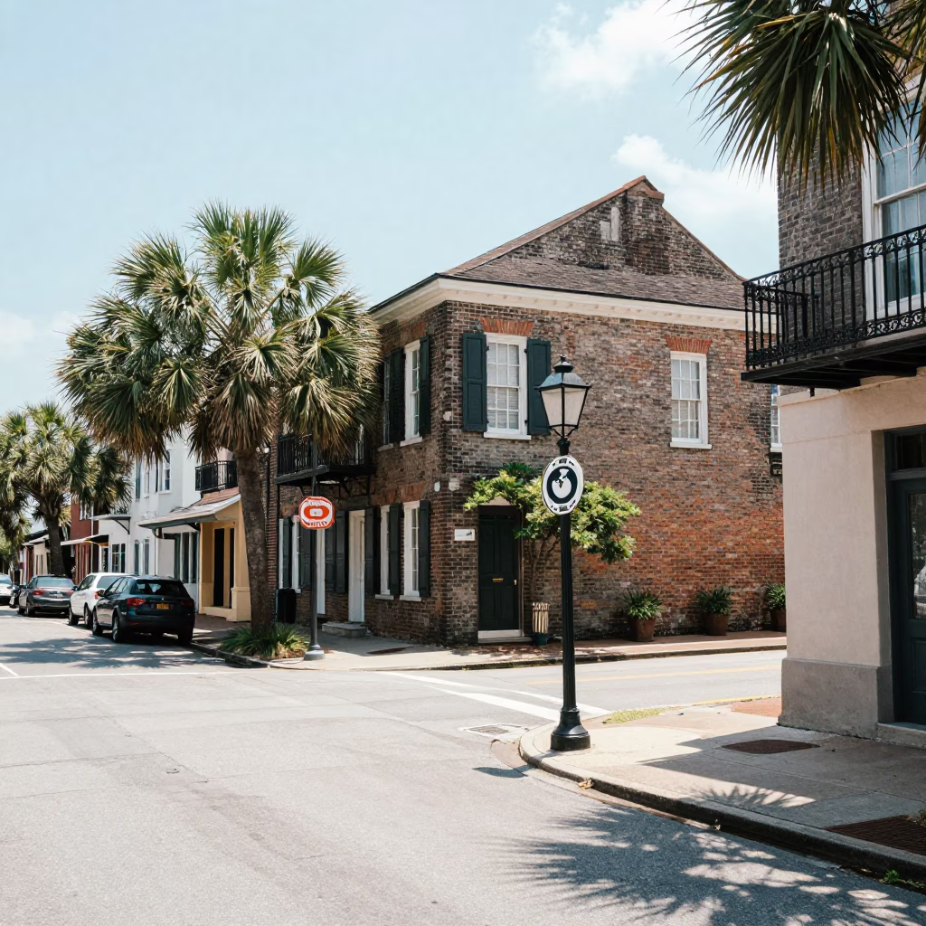 Charleston South Carolina Midday Street Scene with Vintage Details and Local Life in in Charleston, South Carolina, United States