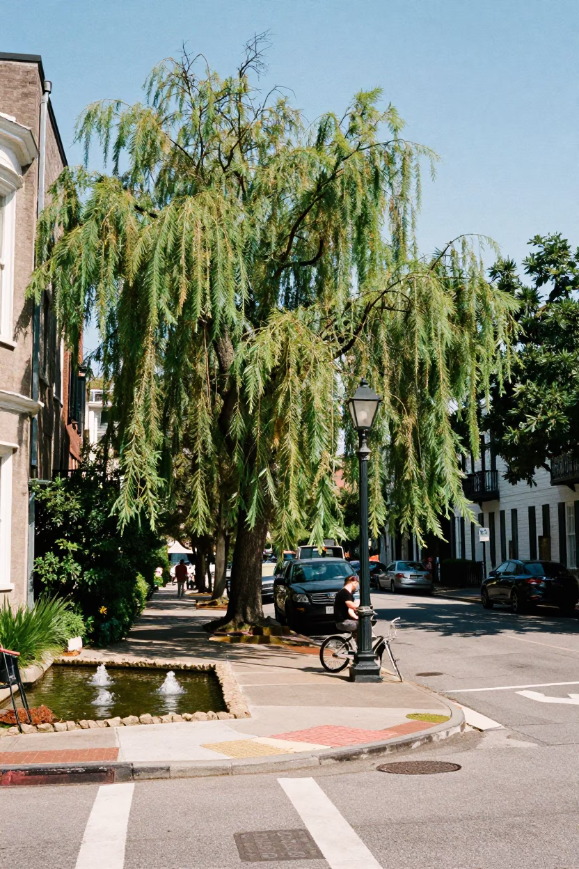 Charleston South Carolina Midday Street Scene with Weeping Willow and Historic Architecture in in Charleston, South Carolina, United States