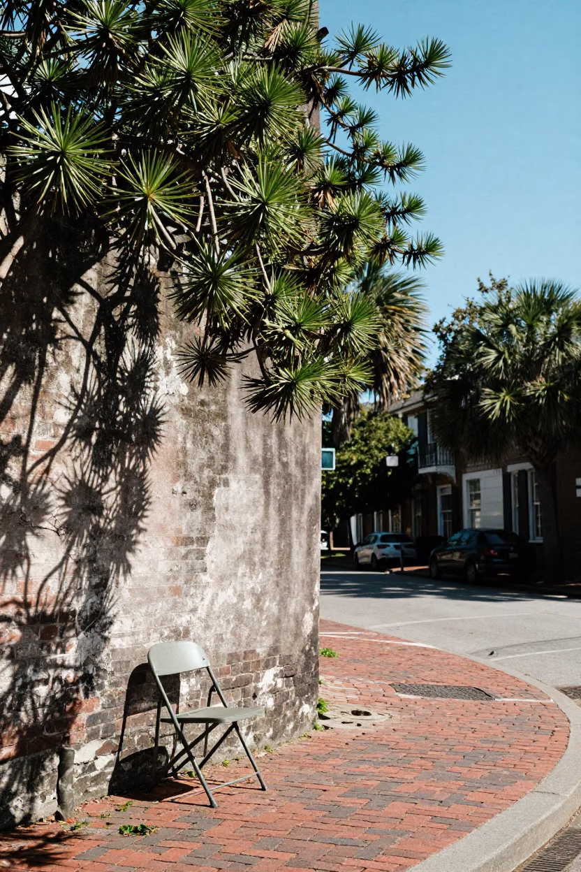Charleston South Carolina Midmorning Street Scene with Folding Chair and Euphorbia Tree in in Charleston, South Carolina, United States