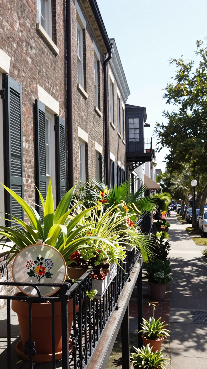 Charleston South Carolina Midmorning Street Scene with Houseplants and Embroidery Hoop on Porch in in Charleston, South Carolina, United States