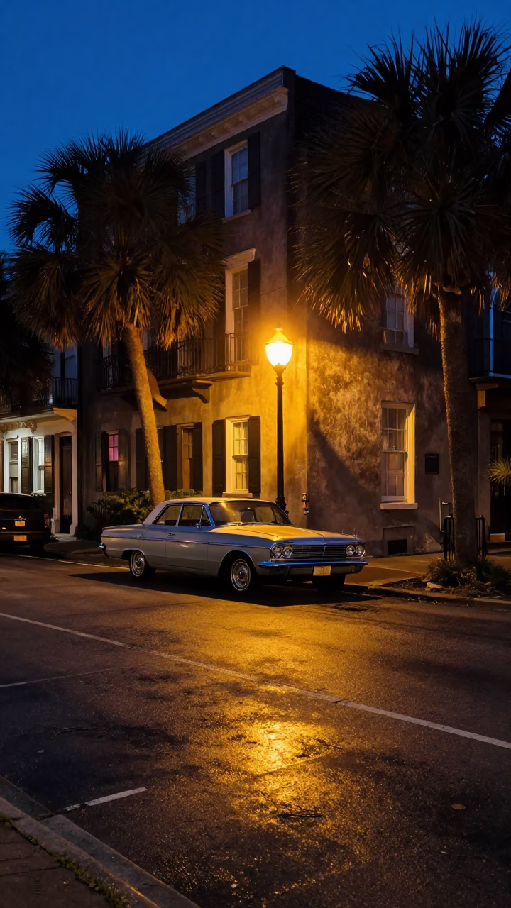Charleston South Carolina Midnight Street Scene with Vintage Car and Gas Station in in Charleston, South Carolina, United States