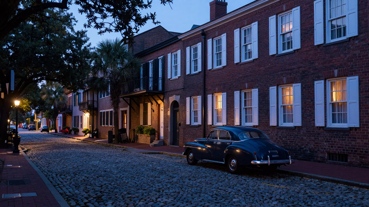 Charleston South Carolina Morning Before Dawn Cobblestone Street Historic District in in Charleston, South Carolina, United States
