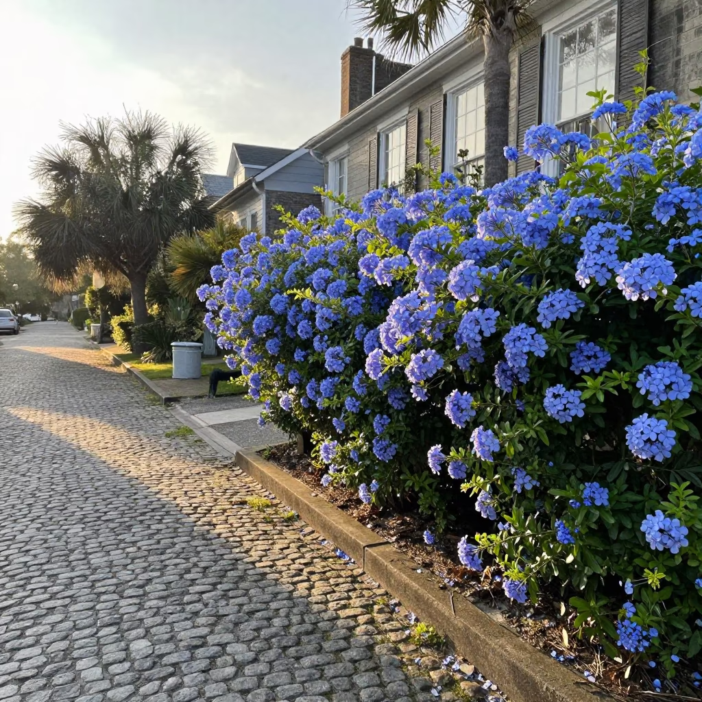 Charleston South Carolina Morning Light Plumbago Hedge and Historic Street Scene in in Charleston, South Carolina, United States