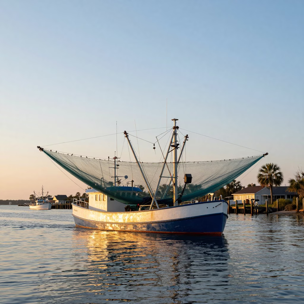Charleston South Carolina Morning Shrimp Trawler Nets Deployed at Sunrise in in Charleston, South Carolina, United States