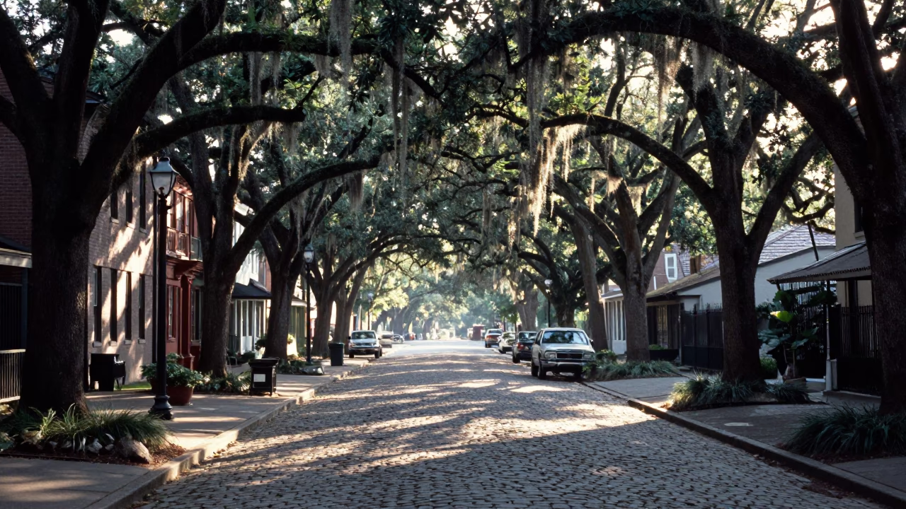 Charleston South Carolina Morning Street Scene with Historic Architecture and Local Commerce in in Charleston, South Carolina, United States