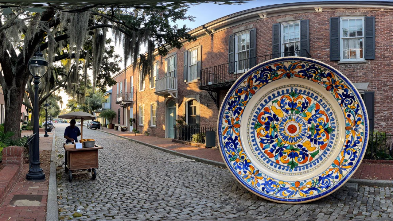 Charleston South Carolina Morning Street Scene with Vintage Italian Majolica Plate in in Charleston, South Carolina, United States