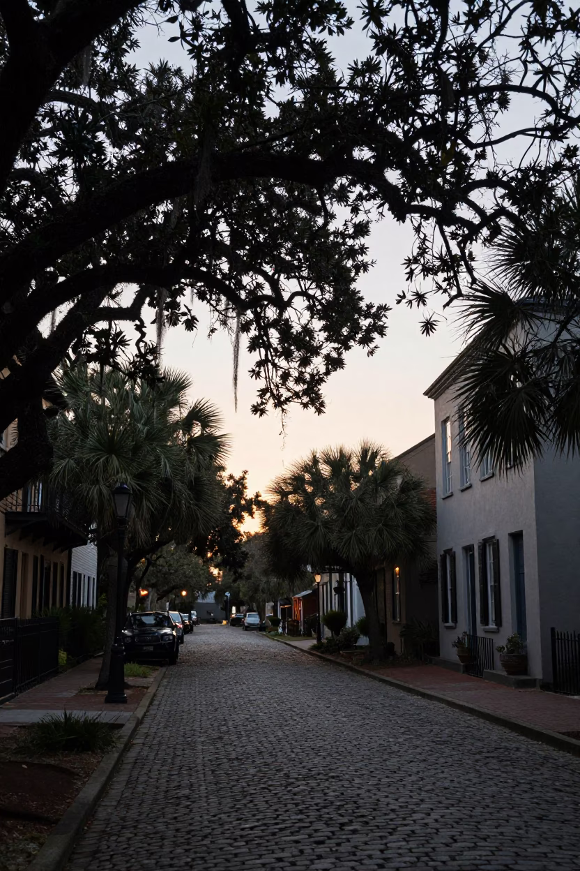Charleston South Carolina Nautical Dawn Historic District Cobblestone Street Scene in in Charleston, South Carolina, United States