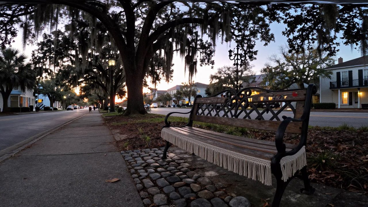 Charleston South Carolina Nautical Dawn Street Scene with Linen Fringe Bench Detail in in Charleston, South Carolina, United States