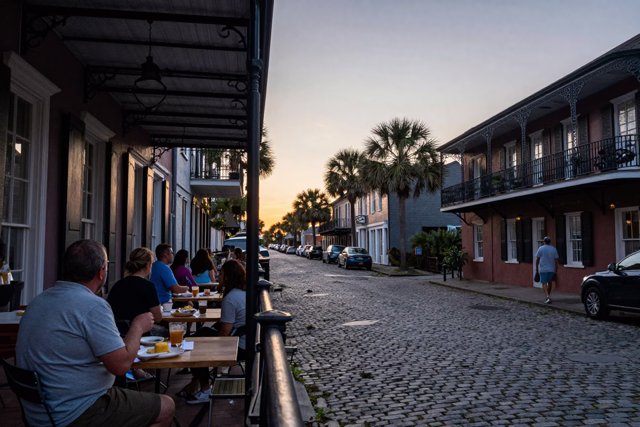 Charleston South Carolina Nautical Dawn Street Scene with Local Breakfast in in Charleston, South Carolina, United States