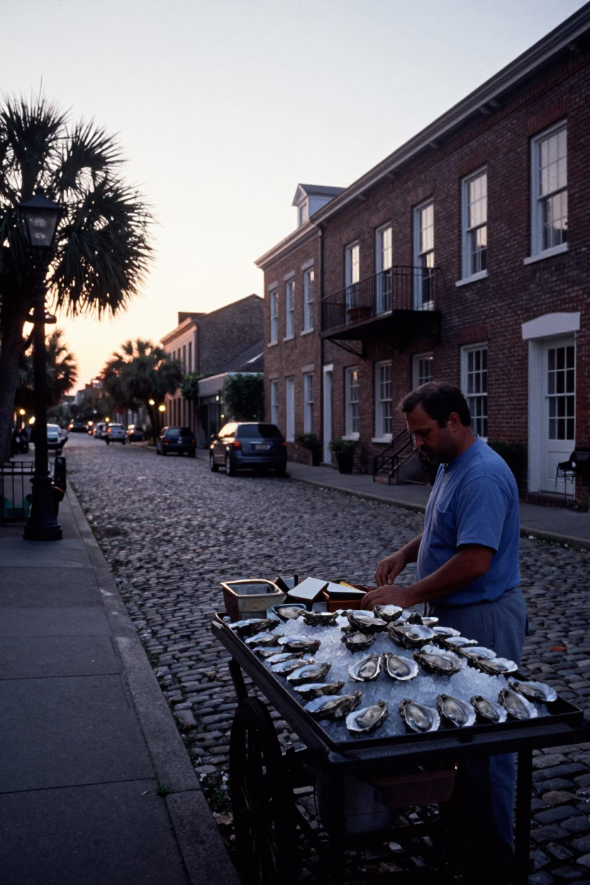 Charleston South Carolina Nautical Dawn Street Scene with Oysters and Local Life in in Charleston, South Carolina, United States