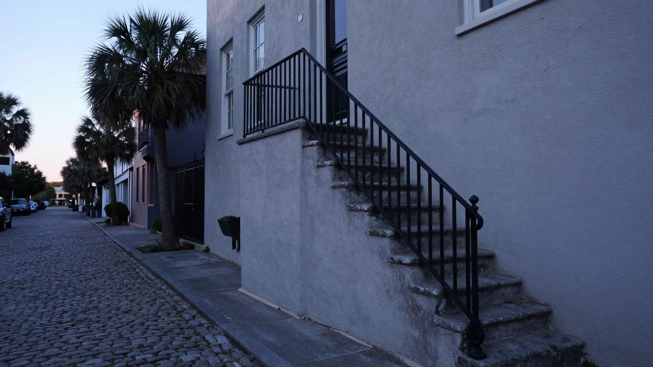 Charleston South Carolina Nautical Dawn Street Scene with Stair Rail and Local Life in in Charleston, South Carolina, United States