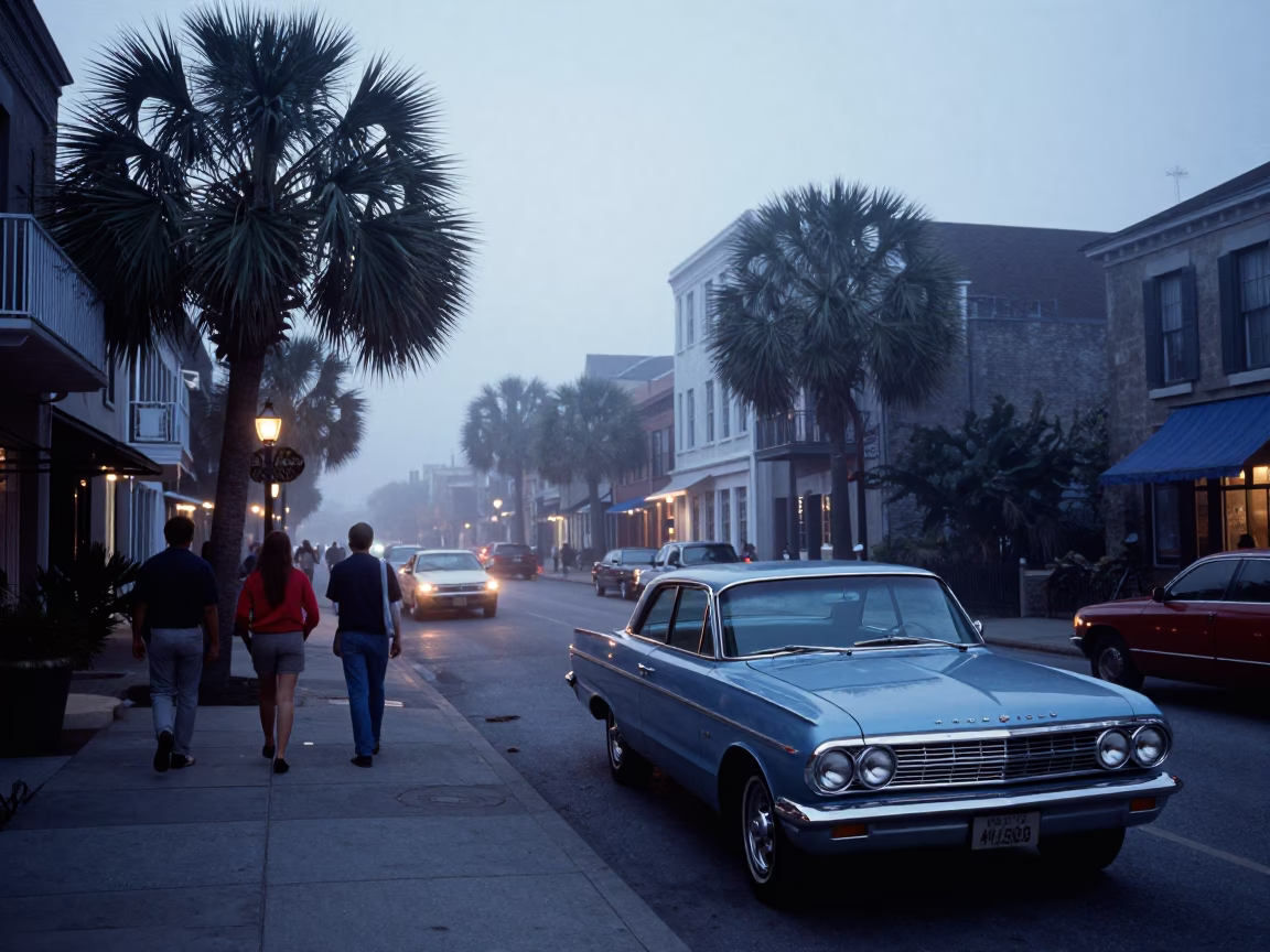Charleston South Carolina Nautical Dawn Street Scene with Vintage Cars and Local Commerce in in Charleston, South Carolina, United States