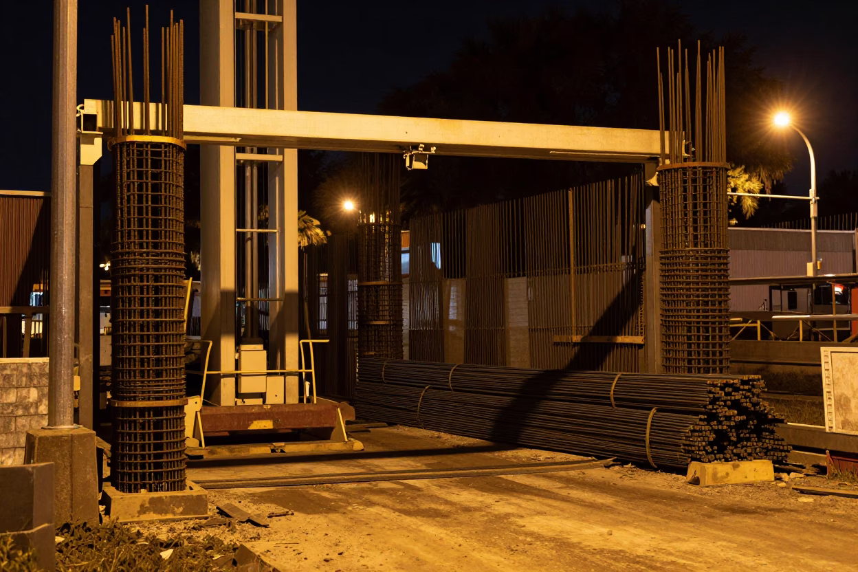 Charleston South Carolina Night Scene With Construction Elevator Gate And Rebar Bundles Waiting Nearby in in Charleston, South Carolina, United States