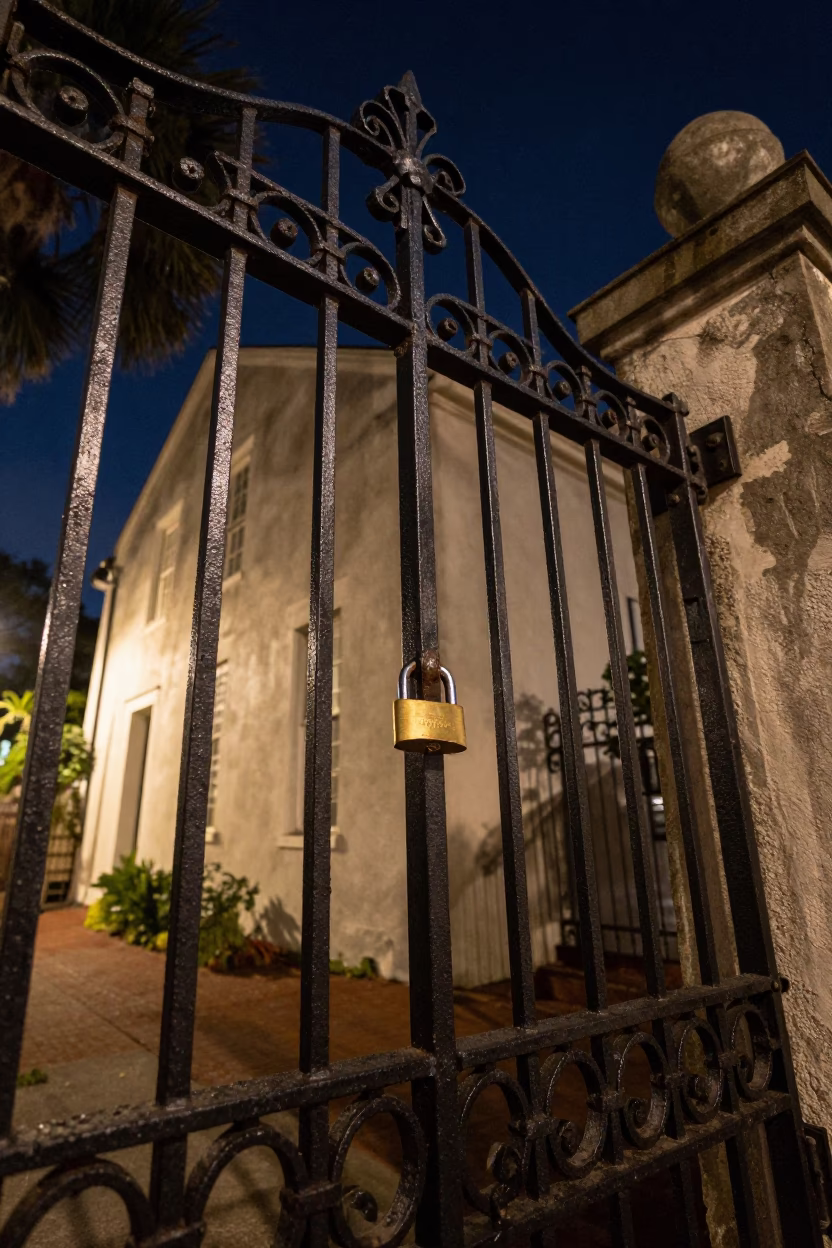 Charleston South Carolina Night Scene with Padlock on Historic Iron Gate in in Charleston, South Carolina, United States