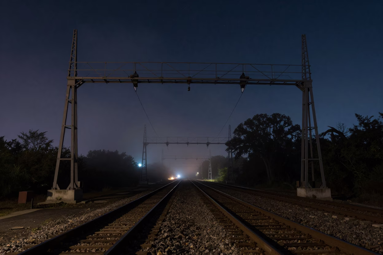 Charleston South Carolina Night Sky Signal Gantry Over Parallel Rail Lines Mist in in Charleston, South Carolina, United States